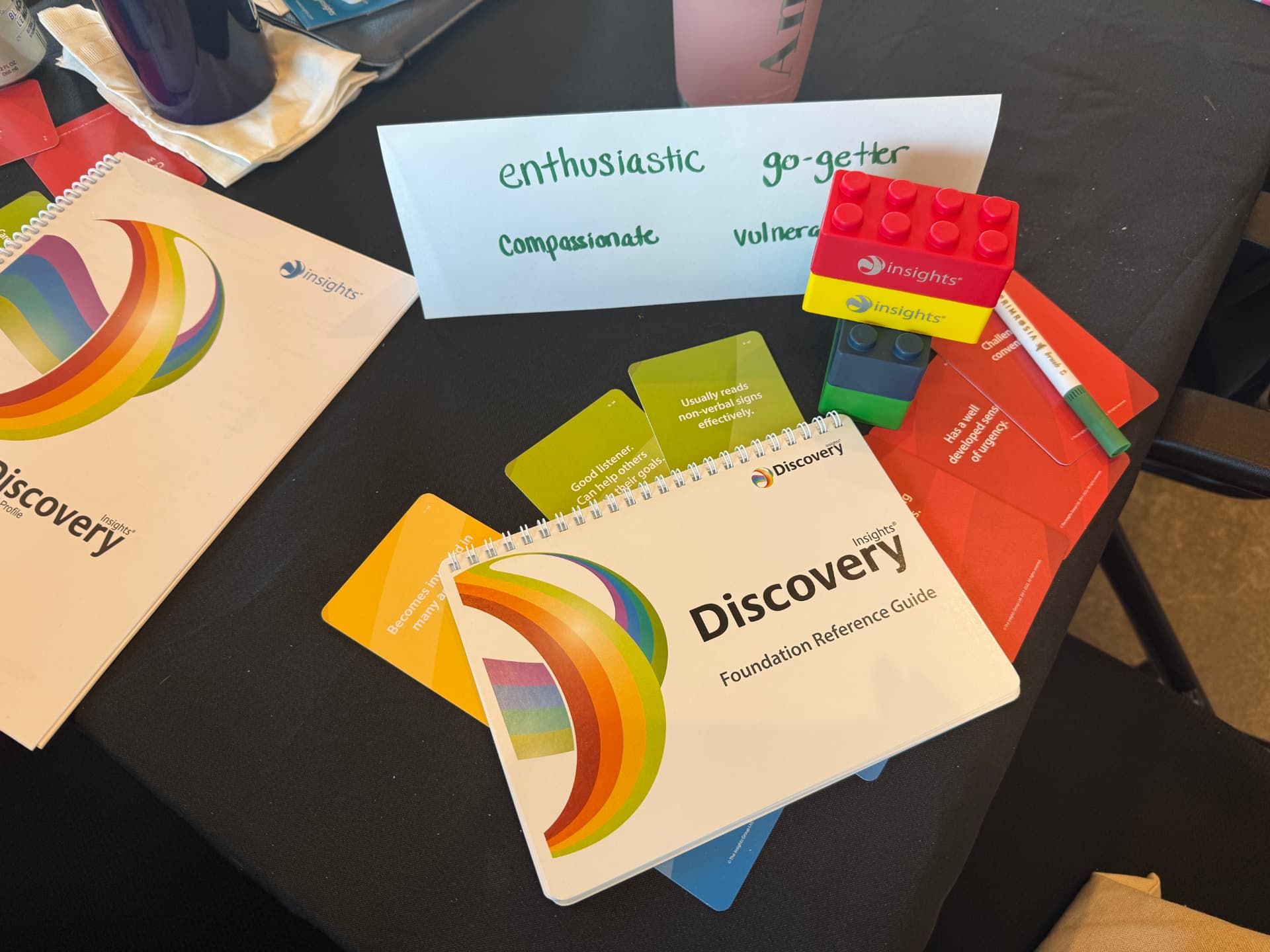 Insights Discovery workshop materials laid out on a table